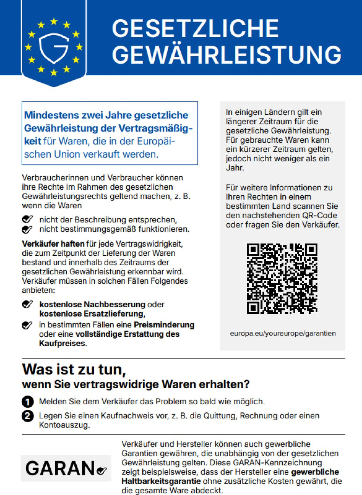 Gesetzliche Gewährleistung – Hinweis der EU (mindestens zwei Jahre)